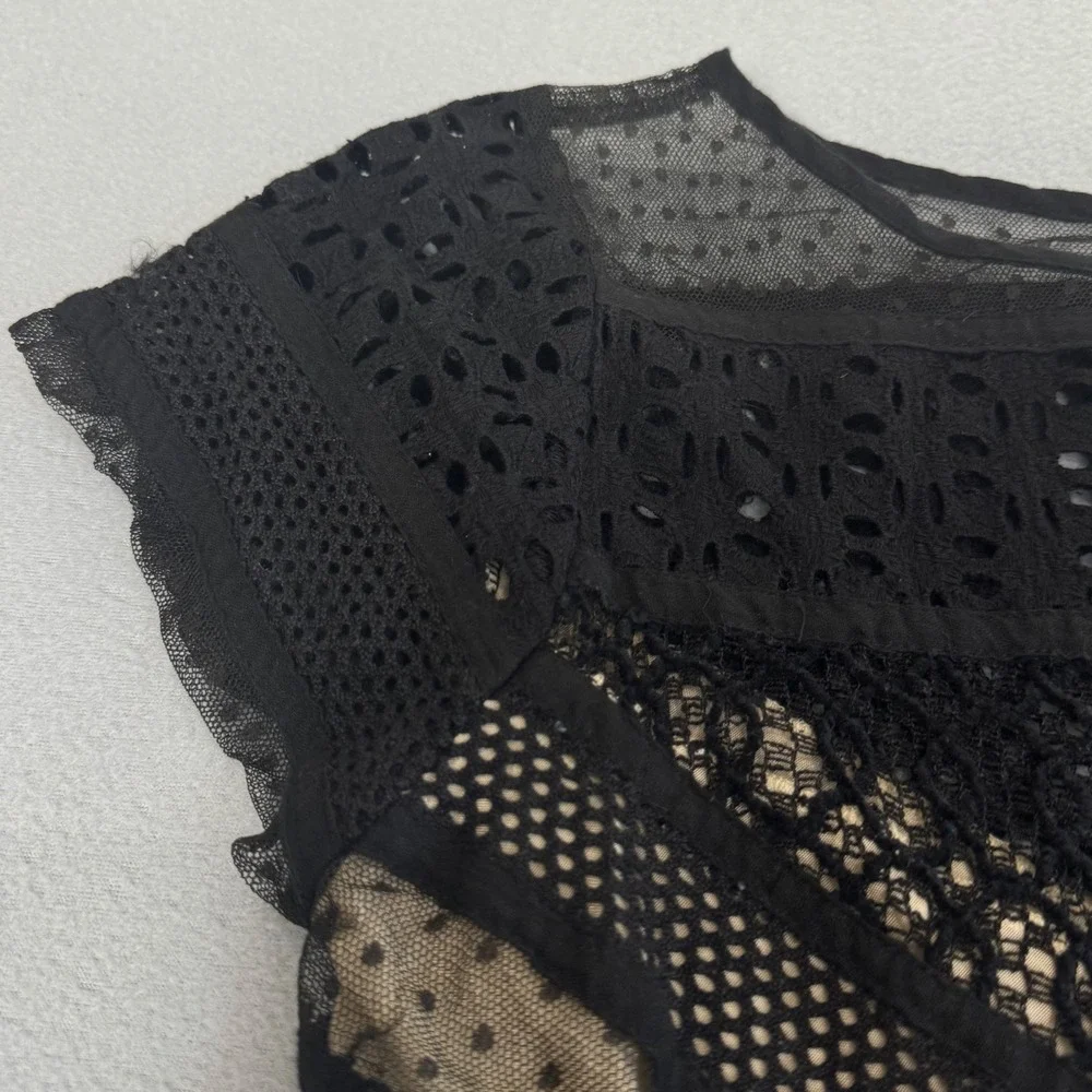 Free People Dress Size 2 Fit Flare Crochet Lace Mixed Media Party Edgy Black - Picture 4 of 13